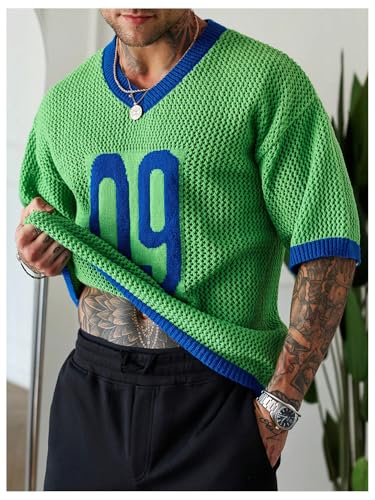 COZYEASE Men's Crochet Knit Short Sleeve Sweater Number Graphic V Neck Pullover Sweaters2