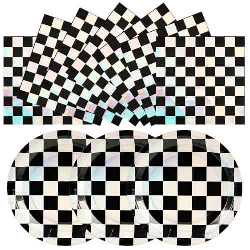 HFBOBP 50PCS Race Car Paper Plates and Napkins Birthday Party Decorations 7inch Iridescent Black and White Checkered Dessert Plates Disposable Tableware Set for Birthday Race Car Party Supplies