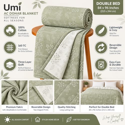 Image of Amazon Brand - Umi Double Bed Dohar Blanket Cotton 160 TC | AC Quilt 84x96 Inches | Three Layer Soft Lightweight Comforter | Trendy Elegant Bedspread