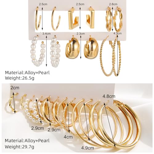 41Pairs Gold Hoop Earring Sets for Women, Fashion Chunky Pearl Earrings Multipack Twisted Statement Earring Pack Small Pearl Earrings for Gift ﻿2