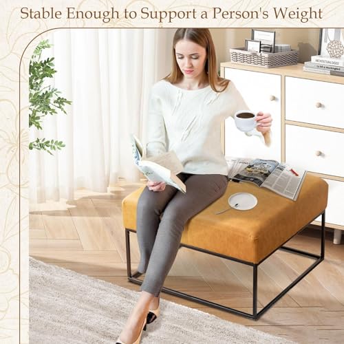 Image of Modern Square Coffee Table, Farmhouse Ottoman for Living Room, Large Vintage Leather Coffee Tables with Faux Leather Upholstered Padded Seat [Square, Vintage Brown, 30'']