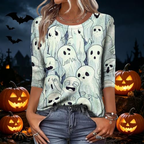 Image of Women Spooky Halloween Graphic Shirt 3 /4 Length Sleeve Crewneck Top | Halloween Funny Printed Pumpkin Plus Size Tshirts 2026 Fall Outfits Skeleton Tee Going Out Tops