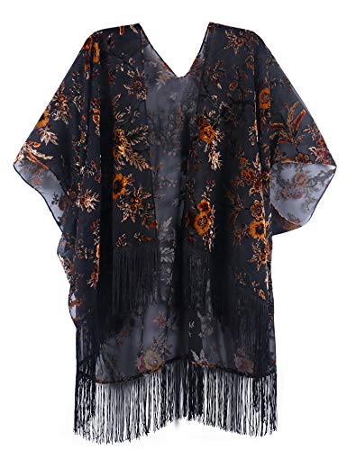 Image of MJ SERECA Women's Burnout Velvet Kimono Cardigan Cover Up with Tassel