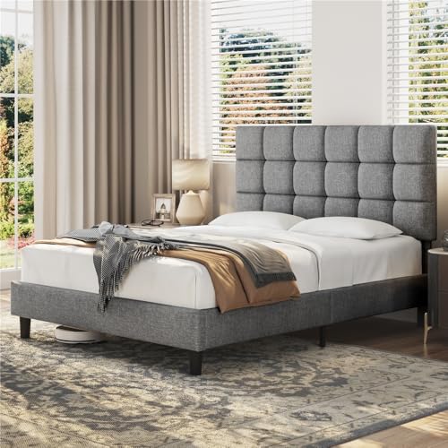 Yaheetech Lit Double 2 Personnes Capitonné Carré 160×200cm, Tête de Lit Réglable en Hauteur, avec Sommier à Lattes, en Bois Massif et Métal, Gris Clair