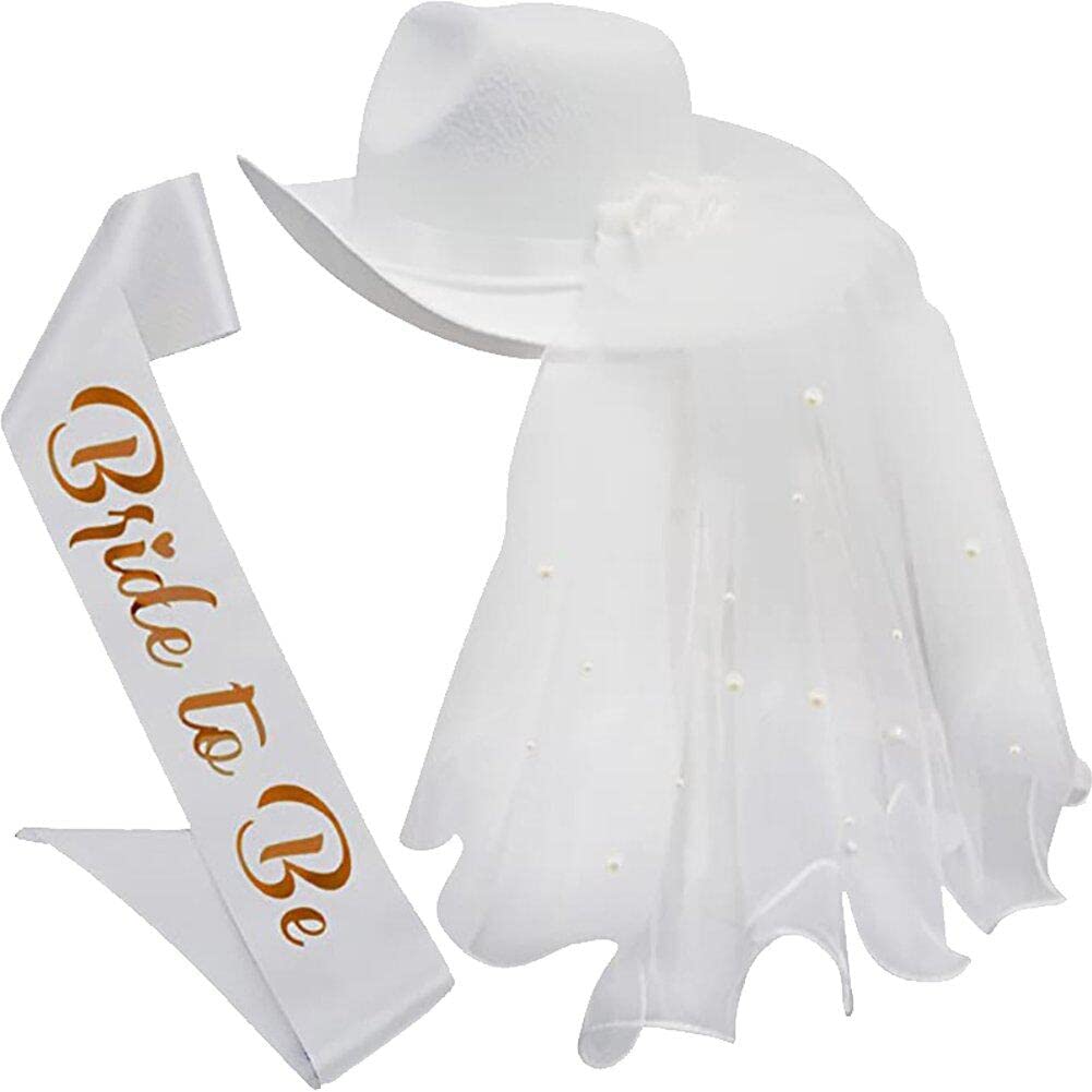 vepoty Sombrero de Vaquera para Novia con Correa para el Hombro, 2 Unidades/Juego, Sombrero Fedora romántico, Gorra de Estilo Occidental para Despedida de Soltera