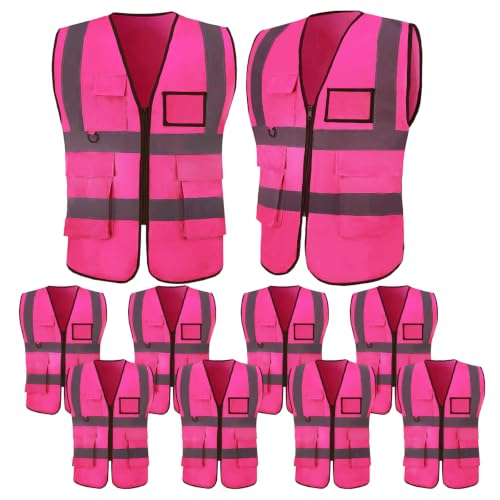 Image of 10 Pack Neon Reflective Safety Vests, Pink High Visibility Construction Vests, Pockets & Zipper Vest for Men & Women