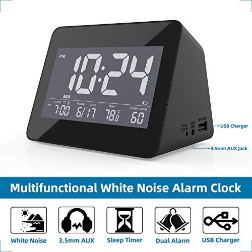 White Noise Sleep Sound Machine Alarm Clock for Home, Adults, Baby, Sleeping, Office Privacy, 8 Nature Soothing Sound, Headphone Jack, Dual Loud Alarm, Sleep Timer, USB Charger - Thumbnail 3