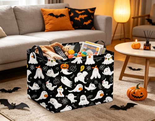 Image of Rectangular Halloween Basket for Boys and Girls Kids Trick or Treat Pumpkin Basket for Halloween Parties Cute Storage Bin Organizer Box Room Decor(Black Ghost)