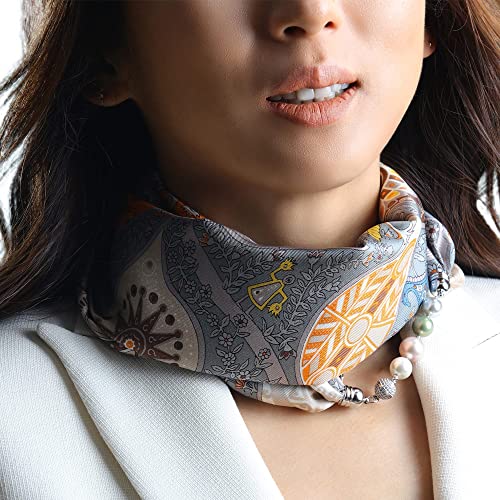 Gemma's Silk Scarf – 100% Genuine Silk with Pearl Magnetic Clasps for Effortless Styling (Oriental Garden/Grey)2