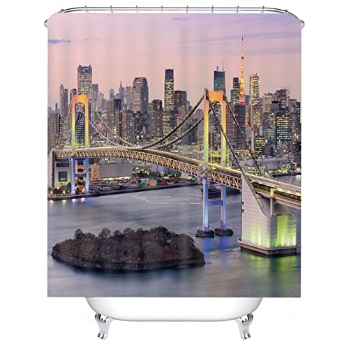 Aotiwe Rideau Douche Humoristique, Accessoire Salle de Bain Femme Vue Nocturne du Viaduc et du Bâtiment de La Ville Coloré 90X180cm