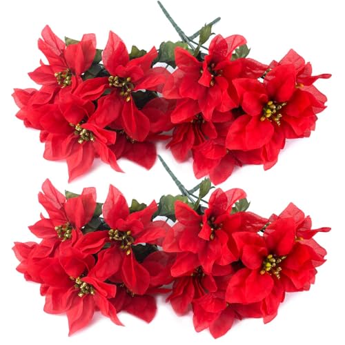 AWAVM Arbustos de Pascua artificiales, paquete de 4, 6 cabezas, tela de seda, arbustos de flor de Pascua roja de Navidad, flores falsas para Navidad, 35 cm (rojo)