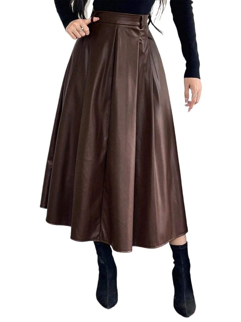 Womens Office Elegant Mid Waist Pleated Loose Midi Skirt Trendy Stylish Skirts