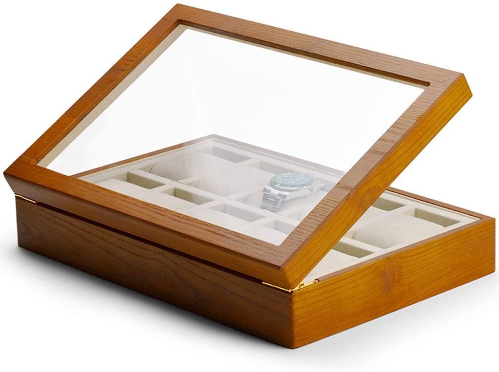 Uhrenetui, Uhrenetuihalter mit 10 Fächern, Aufbewahrungsbox für Uhren aus Holz, Uhrenbox mit Glasdeckel, Organizer, Uhrenbox
