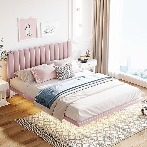 BouPower Floating Bed Frame Queen with Headboard, Queen Bed Frame Pink with Smart LED Lights, Velvet Upholstered Platform Bed, No Box Spring Needed, Easy Assembly, Pink