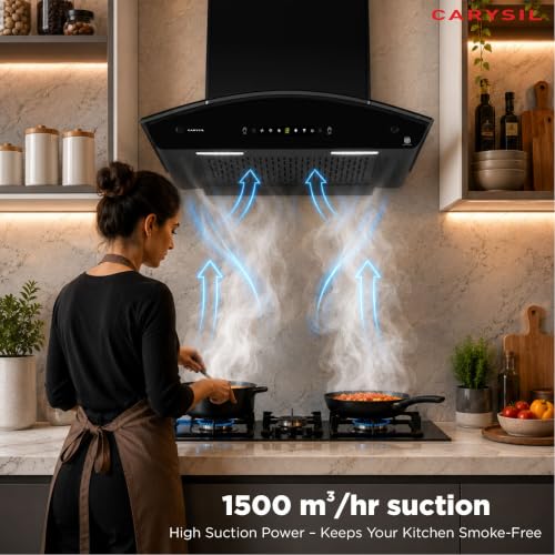 Image of Carysil Curvantis 60 cm Kitchen Chimney, Curved Shape, 1500 m /hr Suction, Auto-Clean Filterless, 3-Speed Touch & Gesture Control, LED Lamp, 10-Year Warranty - Black