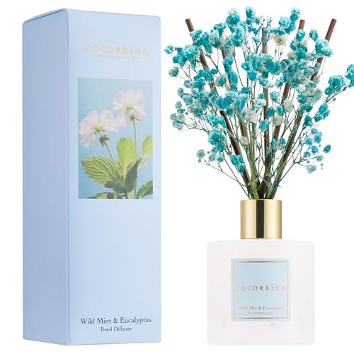 Image of COCORRINA Reed Diffuser - Wild Mint & Eucalyptus 6.7 Fl.oz Reed Diffuser Set with Sticks & Preserved Baby's Breath, Reed Diffuser for Home Bathroom Shelf Decor