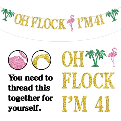 Image of Oh Flock I'm 41 Banner, Glitter Happy 41st Birthday Anniversary Party Decorations, Pineapple Party Decor, Hawaiian Luau Tropical Aloha 41 Theme Party Photo Props