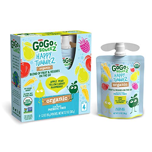 GoGo squeeZ happy tummieZ, Organic Apple Raspberry Pear Yellow Carrot, 3.2 Ounce (24 Pouches), USDA Organic Certified, Fruit and Veggie Pouches with Prebiotic Fiber, Kosher, Vegan