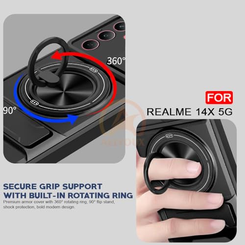 Image of 14X / P3X / C75 / Narzo 80X 5G Back Cover | Armor Camera Slider 360 Degree Rotating Finger Ring Holder Case with Bracket Stand Back Case Cover (Compatible with MagSafe Accessories) (Black)