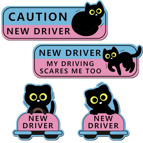 Image of 4Pcs Black Cat New Driver Car Magnet Sticker Safety Sign, Cute Shivering Cat Student Driver Sign for Car Bumper, Funny Cartoon Nervous Caution Reusable Supplies