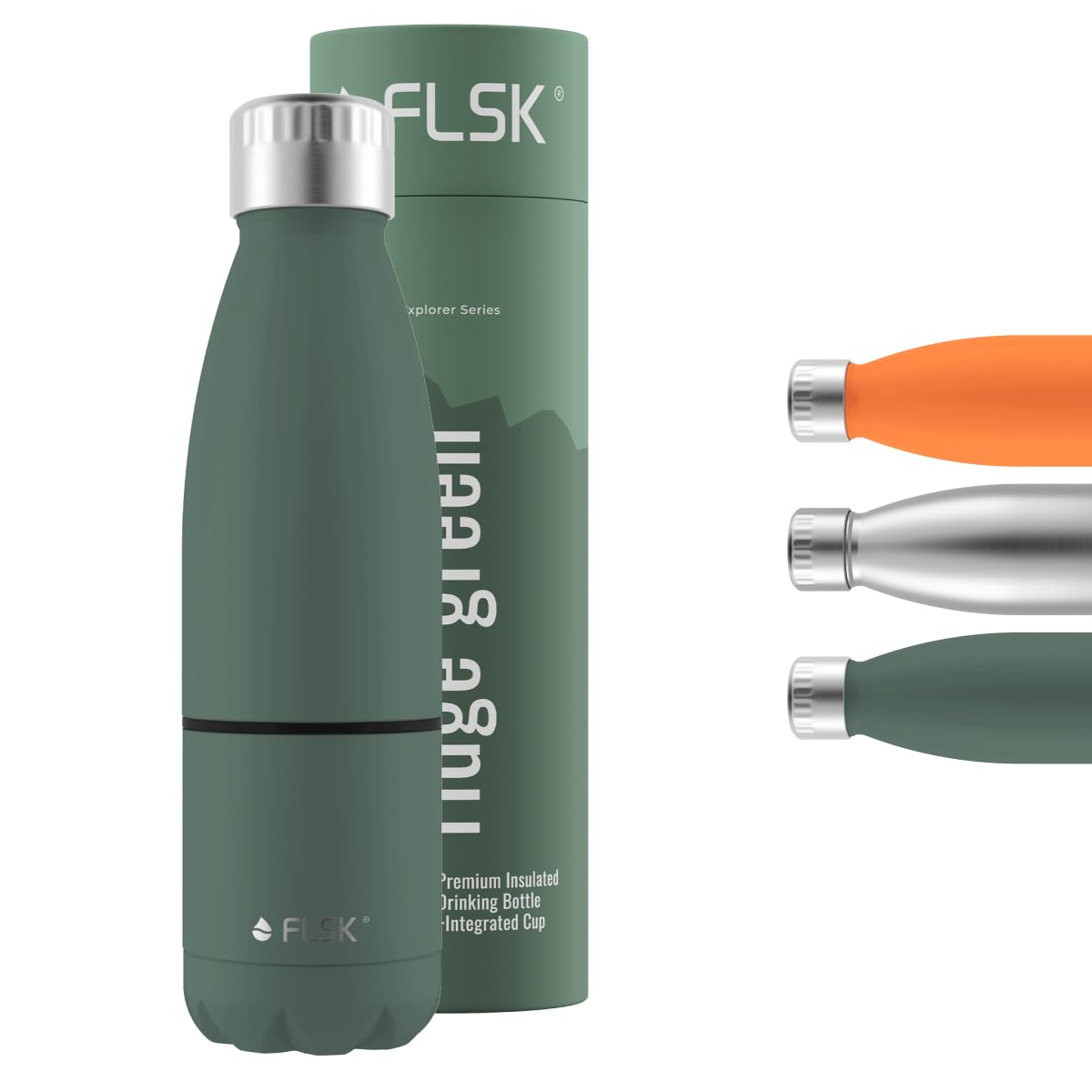 FLSK Trinkflasche mit Becher – Premium Edelstahl Thermosflasche mit 2-in-1-System – 100 % auslaufsicher & kohlensäuregeeignet – hält 24 h kalt & 18 h heiß – BPA-frei (ridge green)