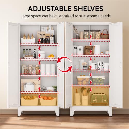 Image of COFaR 71 inch White Pantry Cabinet with Vertical-Groove Doors and Shelves
