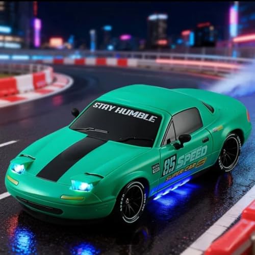 Image of RC Drift Car 1:14 Scale 4WD High-Speed Remote Control Car with LED Lights 2.4GHz Rechargeable Drift Racing Car with Extra Tires & Cones Toy for kids [Colors as Per Stock] (Mazada Rc Drift -Green)