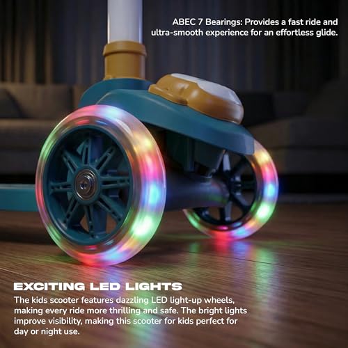 Image of Baybee Rovix Kick Scooter for Kids | Foldable Skate Scooter with 3 Height Adjustment Handle & LED Light Wheels | 3 Wheel Baby Scooter with Rear Brake | Kids Scooter for 2 to 10 Years Boy Girl (Green)