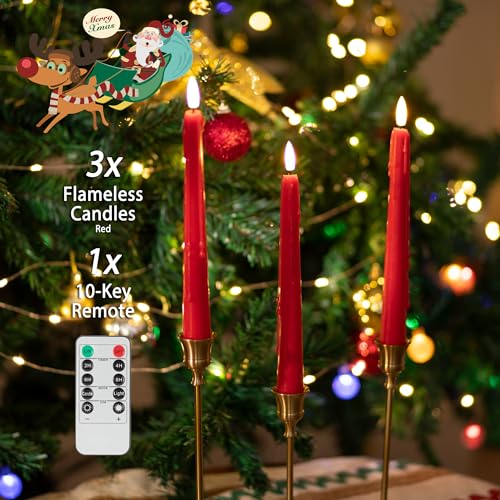 Image of Red bFlameless Taper Candles with Rmote, 9.6 inch Dripless Battery Operated Candles, 3 Pack Real Wax Led Candlesticks with 3D Flame, Fake Candlesticks for Home, Wedding, Party