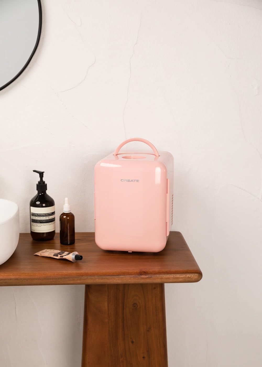 CREATE / FRIDGE MINI BOX/Mini frigorífico para cosméticos rosa pastel/Diseño retro, función frío y calor, capacidad de 4L, fácil de transportar, 48W