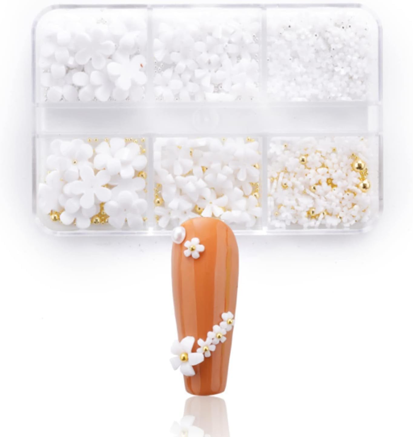 6 Grid Flowers Acrylic Nails 3D Floral Nail Charms Glitter White Flower with Gold Silver Nail Ball Beads and Resin Flowers for Nail Art Decoration & DIY Crafting Design.-image-46