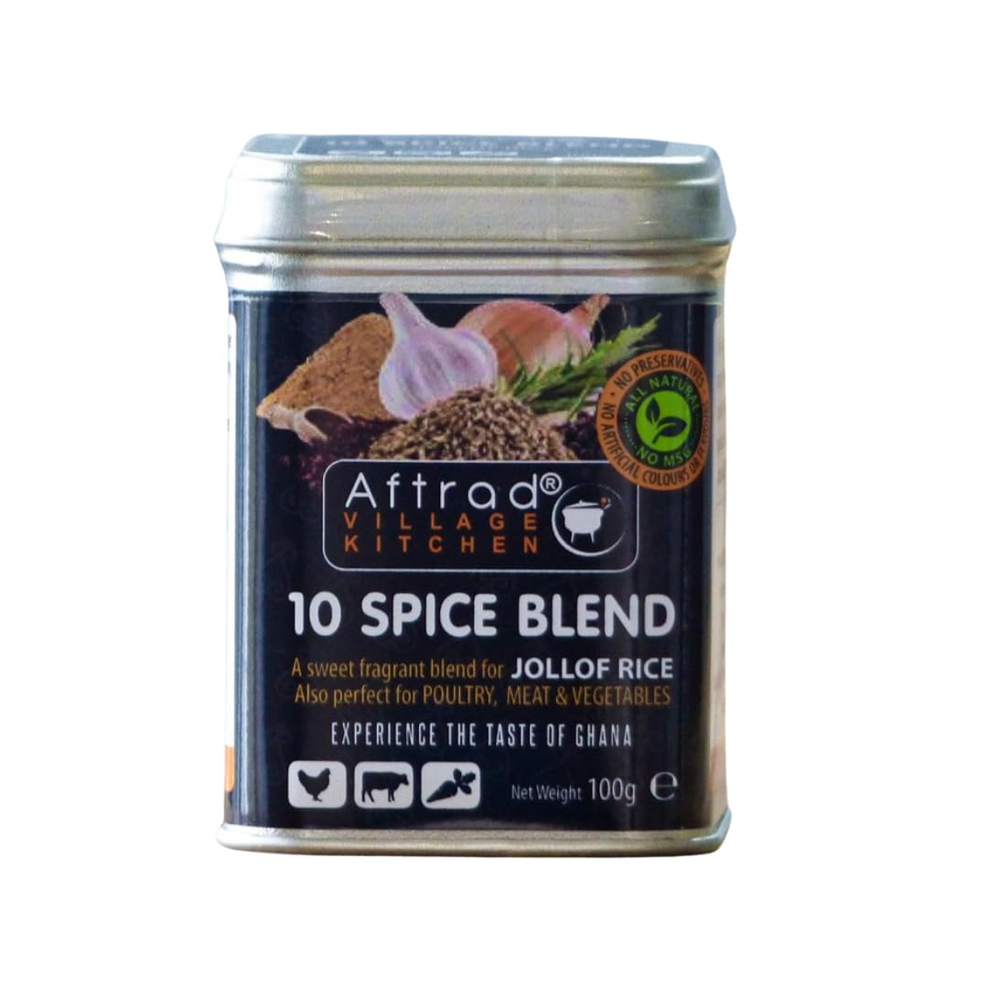 Aftrad Village Kitchen 10 Spice Blend - Authentic Multi Purpose Spice Mix with No Additives or Preservatives - Natural West African Seasoning for Jollof Rice, Poultry, Meat & Vegetables | 100g