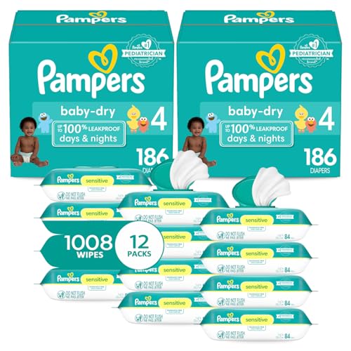 Image of Pampers Baby Dry Disposable Baby Diapers Size 4, 2 Month Supply (2 x 186 Count) with Sensitive Water Based Baby Wipes 12X Multi Pack Pop-Top and Refill (1008 Count)