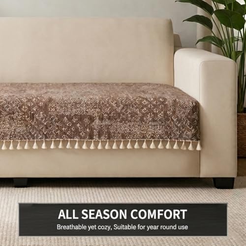 Image of STITCHNEST 'Artisoul Series' Chenille Sofa Cover 2 Seater with 2 Hand Rest Covers | Premium Heavy Fabric, Washable & Fade Resistant | Beige Star Sofa Protector with Tassels | Size 48x30 Inch