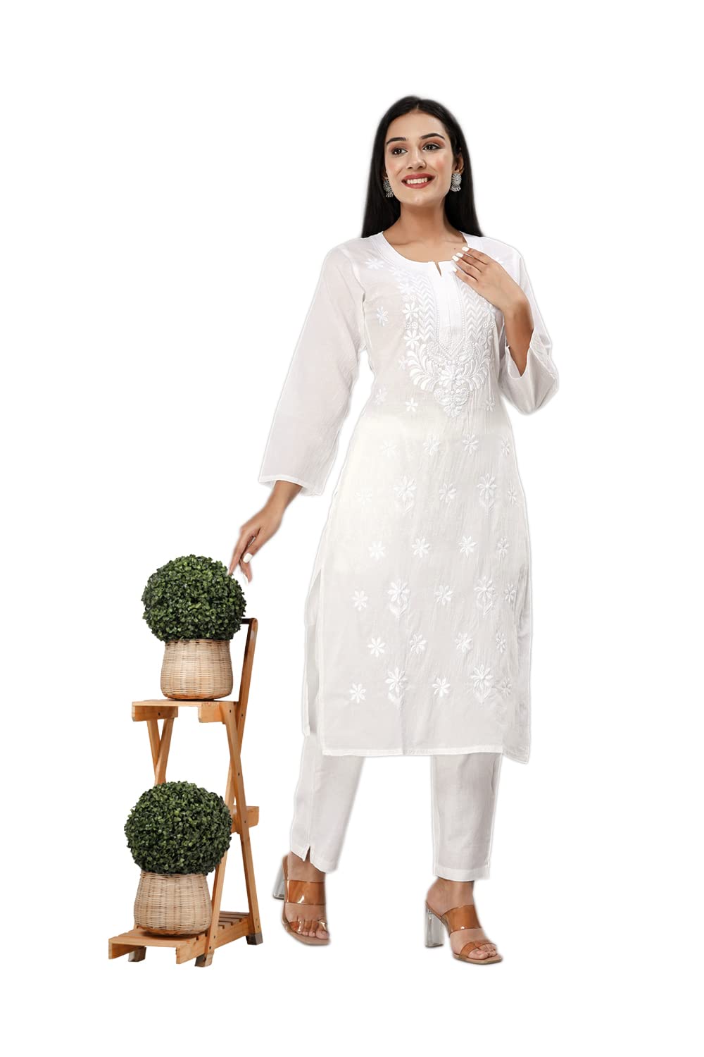 Women's Chikan Computer Embroidery White Pure Cotton Straight Kurta-image-23