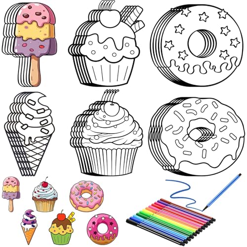 Sanixin 30 Pcs Sweet Treat DIY Crafts Magnets Kit Color Your Own Magnet Summer Dessert Ice Cream Donut DIY Coloring Magnet Ornaments for Classroom Home Activities Party Favors(Sweet Treat)