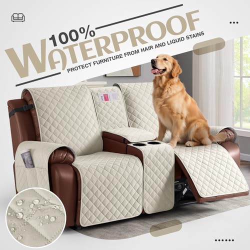 Image of KinCam 100% Waterproof Recliner Loveseat Cover with Console, Non-Slip Reclining Couch Covers for 2 Seat, Recliner Sofa Cover Furniture Protector with Elastic Straps for Kids, Pets, Ivory