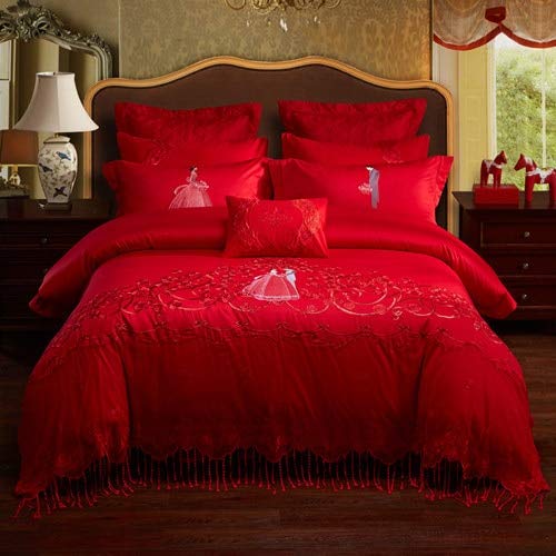 RONGXIE Wedding cotton red lace embroidery Bedding set King Queen Size Royal Palace Bed Set Duvet Cover Bed Sheet Pillowcases