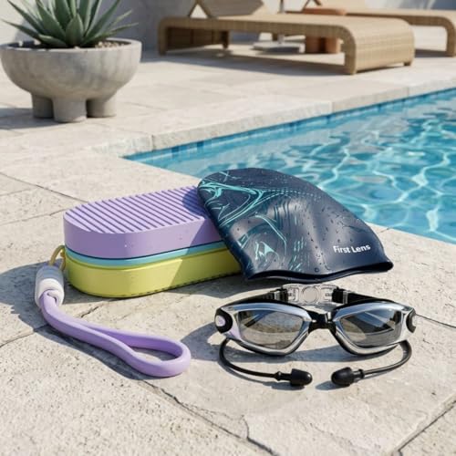 Image of First Lens Swimming Combo Pack with Anti-Fog Goggles, Swimm Cap & Protective Soft Storage Case - Silver Goggle + Aquawave Cap + Yellow purple Case