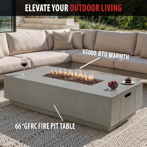 Image of AMS 66 inch Rectangular Concrete Propane Gas Fire Pit Table only (Light Gray) | (Carlsbad) GFRC, 65000 BTU Patio Table with Tank Storage, Repair Kit, Water Resistant Canvas Cover & Electronic Ignition