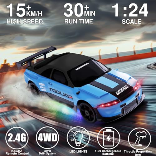 Image of RC Drift Car 1:24 Remote Control Car 4WD 15KM /H High Speed Racing Sport Car with LED Lights RC Cars Toy for Kids Boys Girls Adults Gifts Birthday Christmas