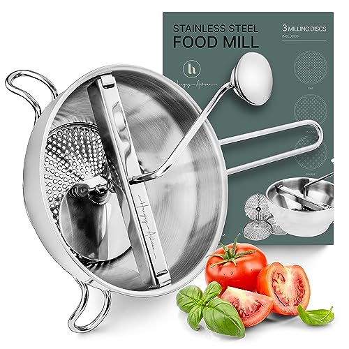 Ergonomic Food Mill Stainless Steel With 3 Grinding Discs – Rotary Food Mill for Tomato Sauce, Applesauce, Puree, Mashed Potatoes, Jams, Baby Food