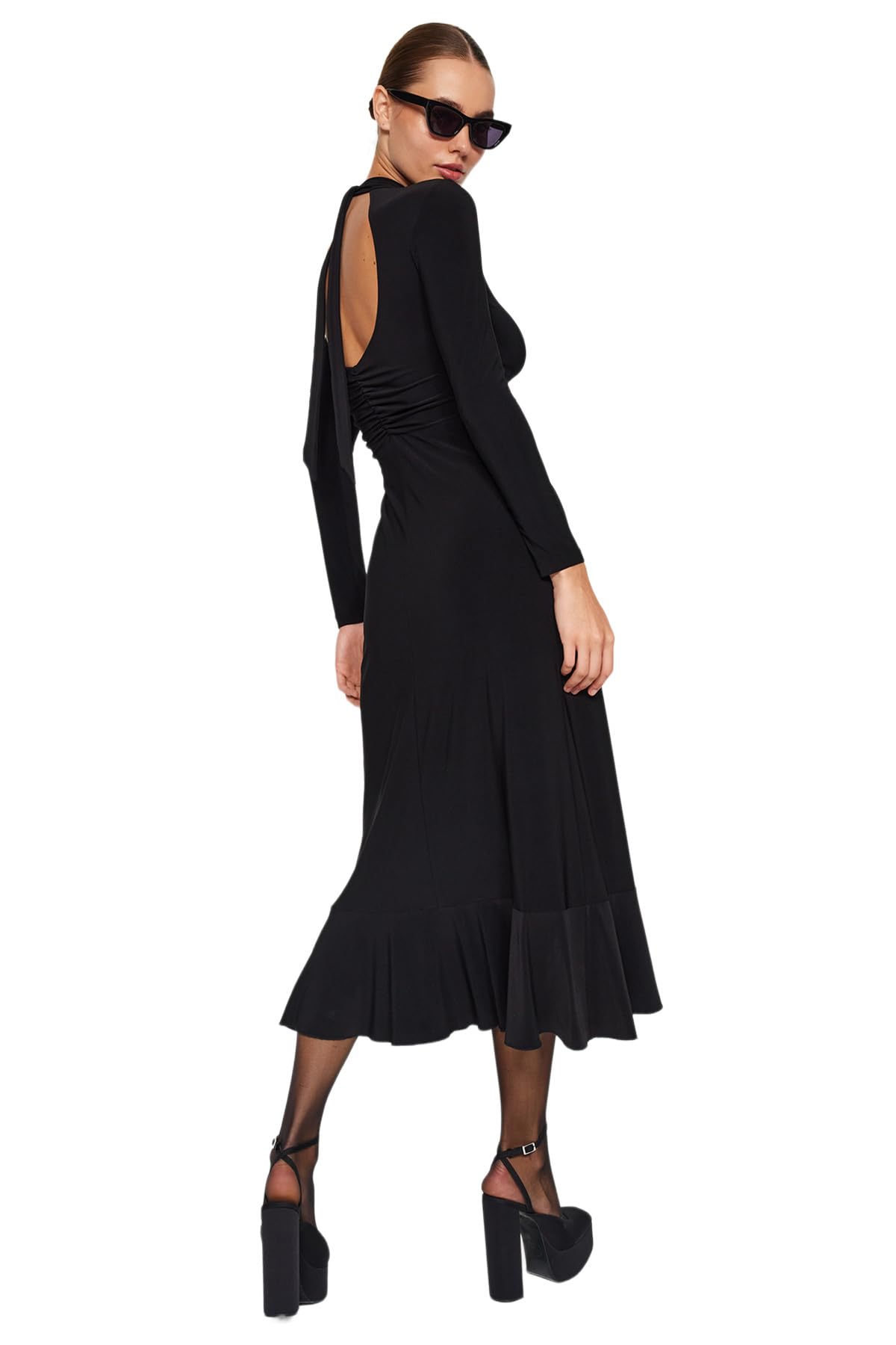 Trendyol Damen Schwarz Maxi-Strickkleid Mit Rüschenrock, Schmale Passform, Größe L, L