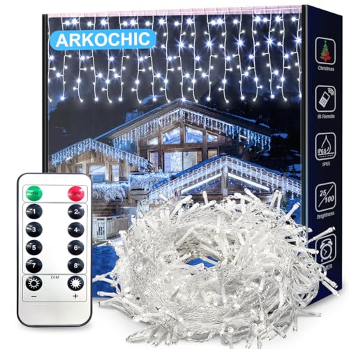 ARKOCHIC 10M Luci Natale Esterno Cascata, 400 LED Tenda Luminosa Bianco Caldo, Luci Natalizie da Esterno con Telecomando, 8 Modalità, Luci Decorazione Natale per Feste, Finestra, Balcone