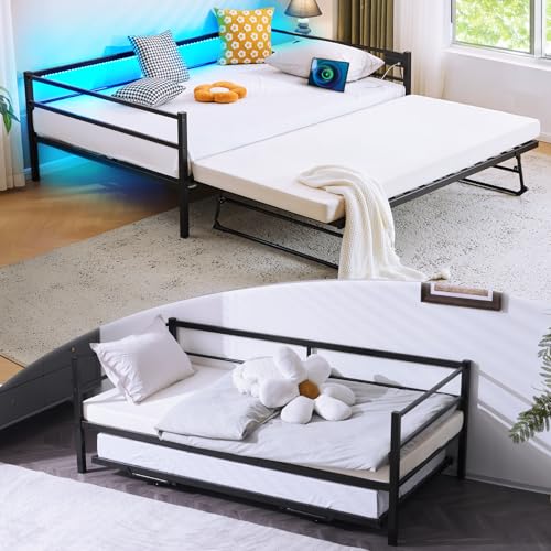 VINGLI Daybed with Trundle Bed Twin, Charging Station and LED Lights,Heavy Duty Metal Twin Daybed with Pop up Trundle for Living Room,Bedroom,Guest Room, No Box Spring Needed,Black
