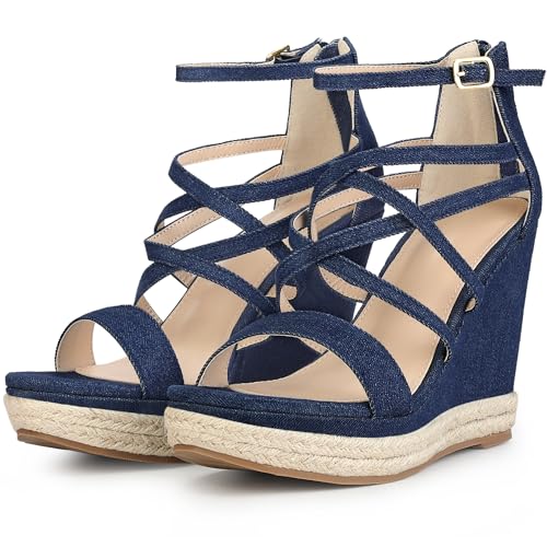 Perphy Platform Denim Heels Strappy Jeans Wedge Sandals for Women