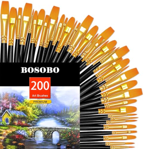 Image of BOSOBO Assorted Nylon Acrylic Artist Paint Brushes Set,Black,200 Pcs
