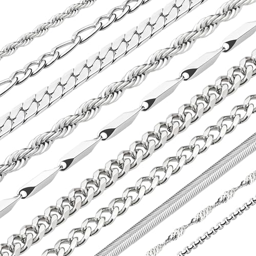 ELLEWIN 10 Pcs Chains for Men Silver Necklace Stackable Stainless Steel Chains Set Mens Jewelry Set Cross Cuban Link Figaro Chain