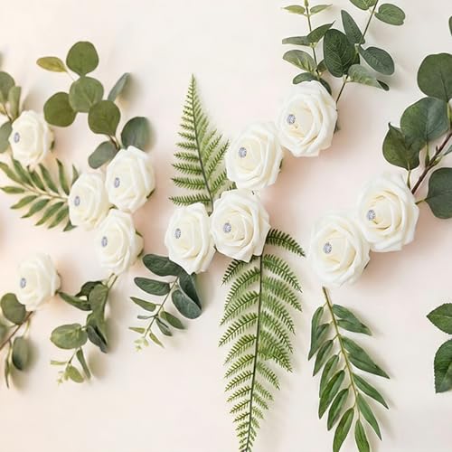 Image of 100Pcs Real Looking White with Diamonds Artificial Rose Flower Heads, Foam Fake Roses for DIY Wedding Decorations Baby Shower Centerpieces Home Party Valentine's Day Mother's Day Decor