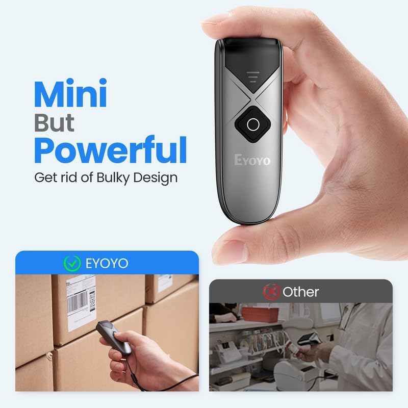 Miniatura 2 de Eyoyo Paquete de 2 mini escáner de código de barras QR 2D y 1D Bluetooth inalámbrico portátil con conexión inalámbrica USB con cable